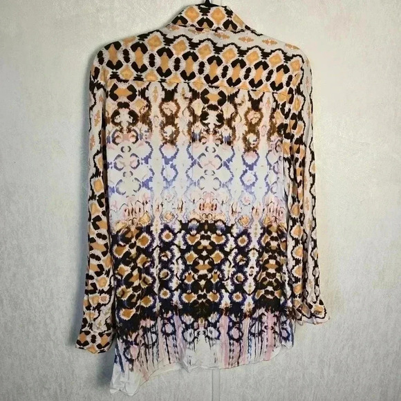 Mishca Womens L Tie Dye Animal Print Long Sleeve Tunic Top Button Up Pockets - Picture 8 of 8